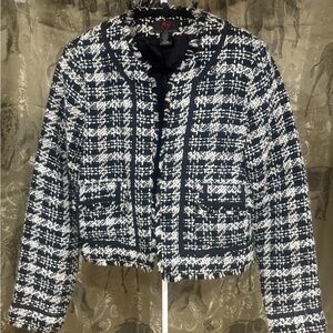 True Meaning Navy and White Tweed Fringe-Trim Jacket